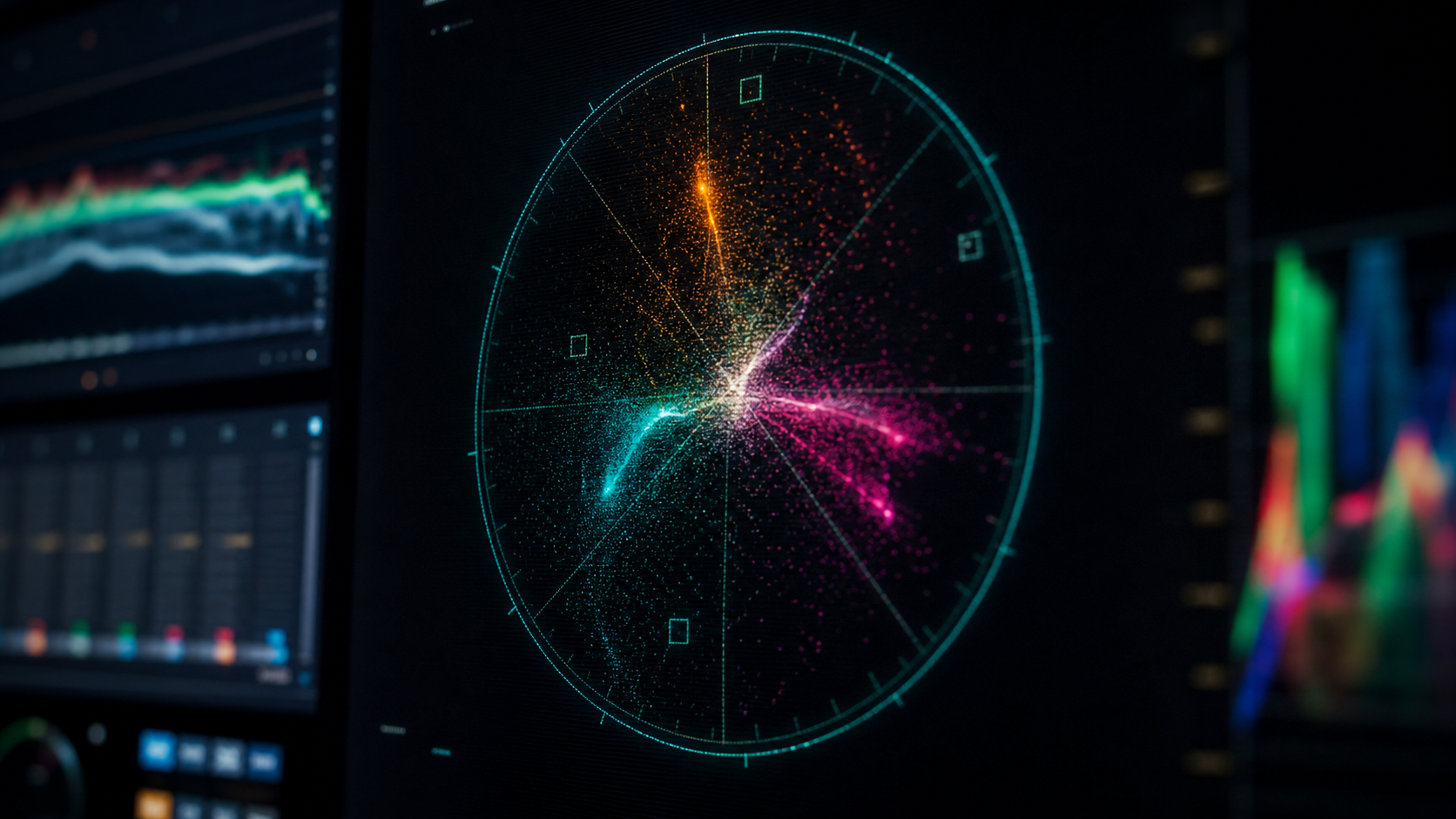 Écran de vectorscope affichant l'analyse colorimétrique d'un étalonnage vidéo