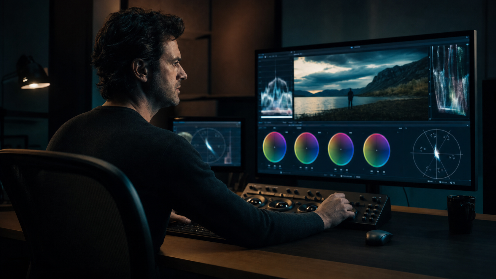 Coloriste réglant l'étalonnage d'un film sur un écran de référence dans un studio de post-production à Chambéry