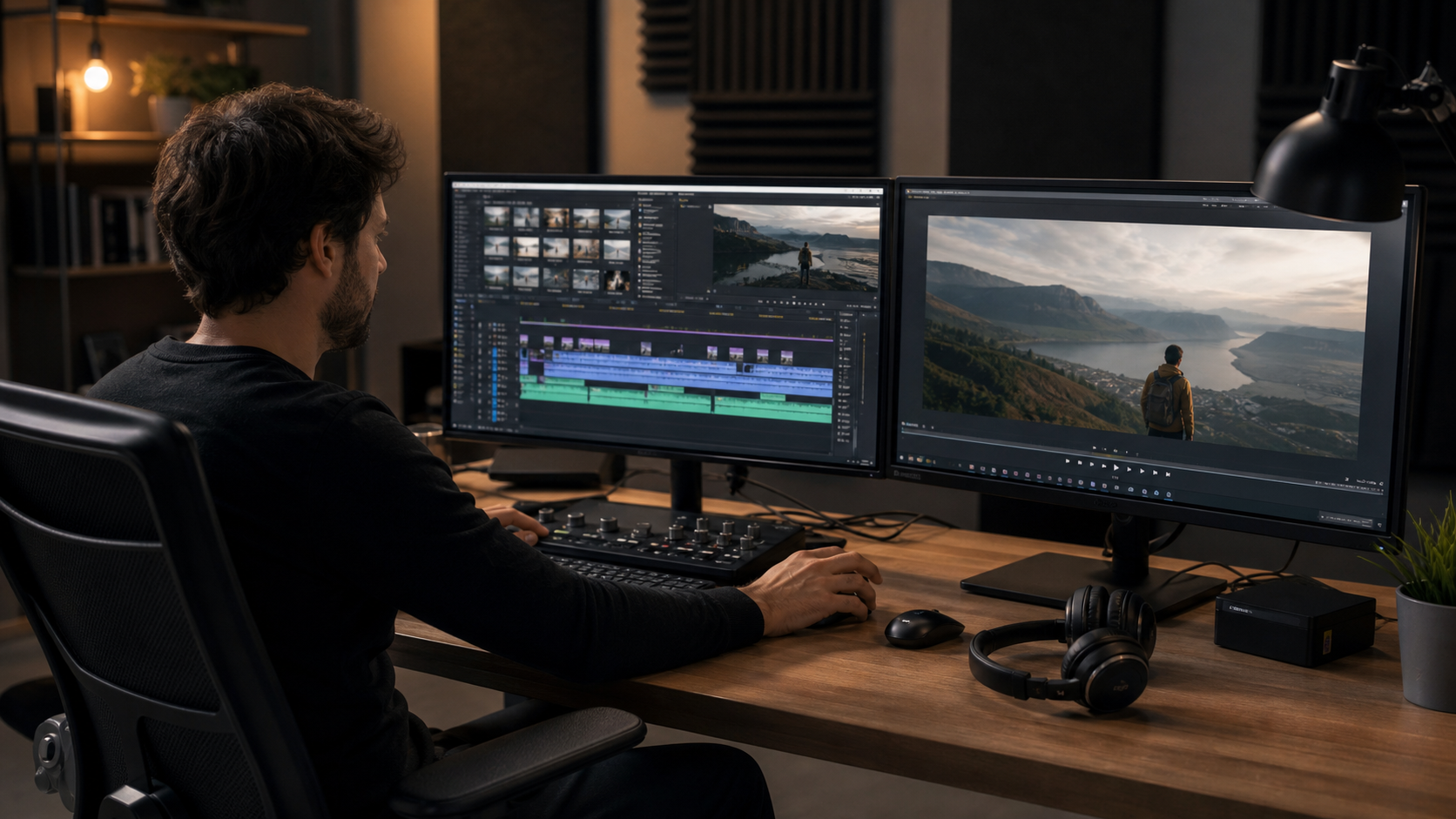 Monteur vidéo travaillant sur une timeline de montage professionnelle