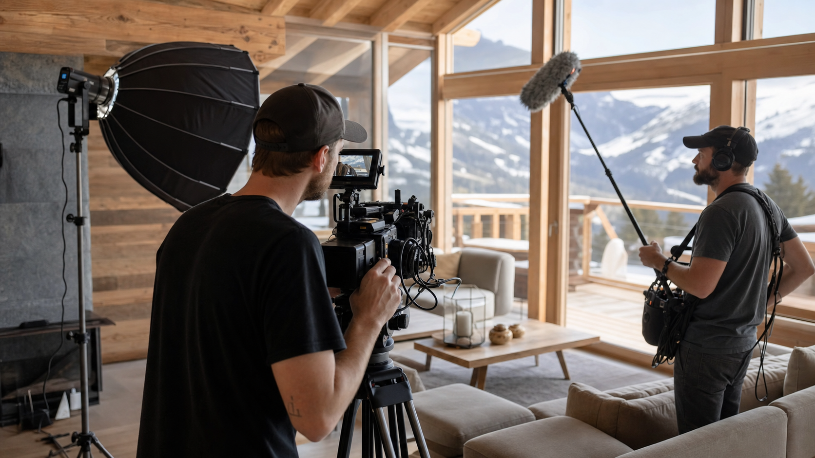 Équipe de tournage vidéo professionnelle avec caméra et éclairage sur plateau